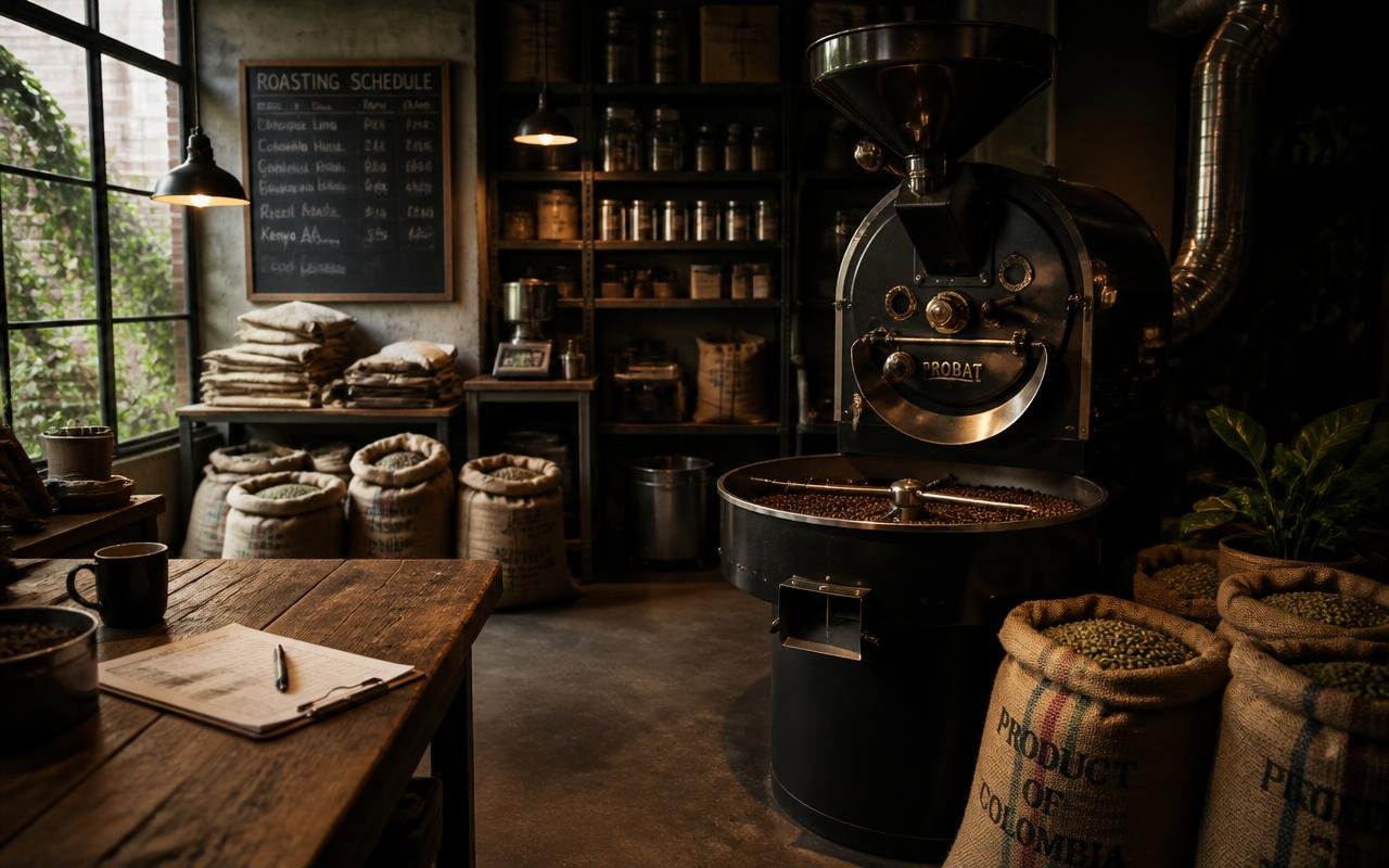 Small independent coffee roastery with a drum roaster and sacks of green coffee